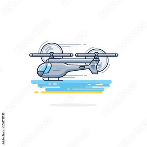 A stylized vector illustration of a modern helicopter flying in the sky