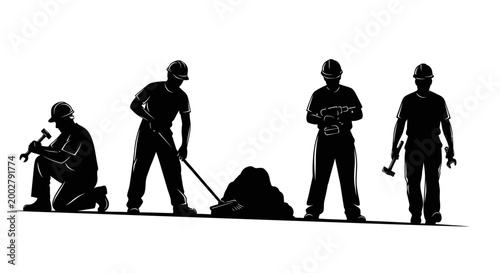 Construction Workers at Work: Silhouetted construction workers are shown engaged in a variety of activities at a construction site, ready to do the construction work. 