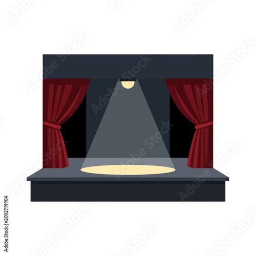 A bright spotlight illuminates the center of an empty theater stage with red curtains
