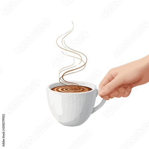 A hand holding a white ceramic cup filled with a steaming hot beverage