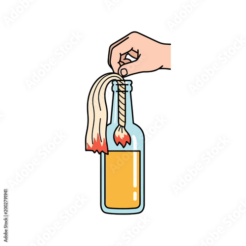 A hand holding a glass bottle with a burning fabric wick inside the neck