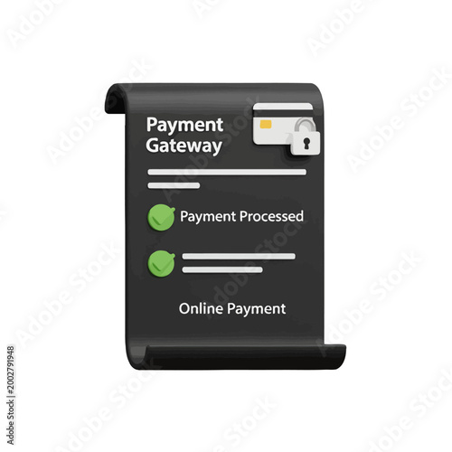 A 3D illustration of a digital payment gateway interface with a secure credit card icon