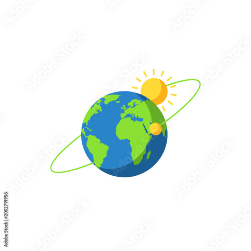 A flat vector illustration of a planet orbiting a bright yellow sun in space