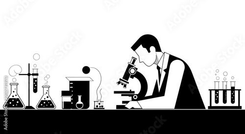 Scientist at work: A scientist, engaged in meticulous observation through a microscope amidst lab equipment, embodies the pursuit of knowledge. The image captures the essence of scientific inquiry.