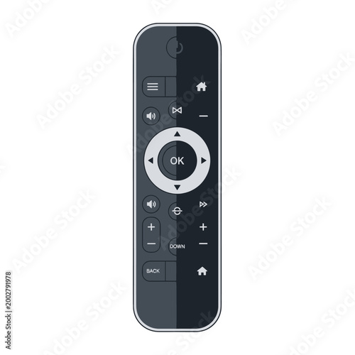 A modern electronic remote control device for home entertainment systems isolated on white