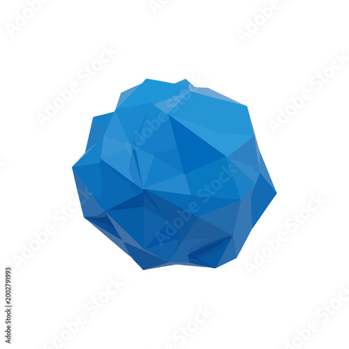 A blue geometric sphere made of many triangular facets on a white background