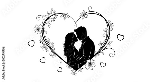 Eternal Embrace: A silhouette of a couple in a tender embrace, framed by a floral heart, expressing everlasting love and affection.