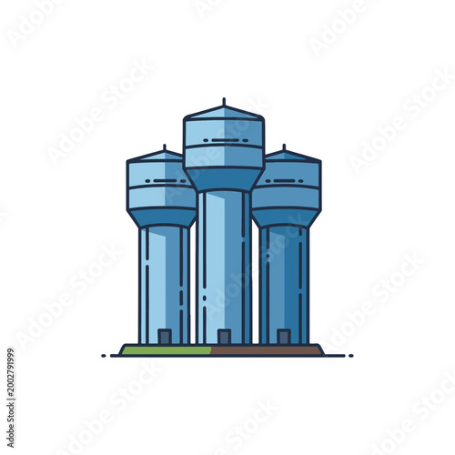 A flat vector illustration of three blue industrial water storage towers