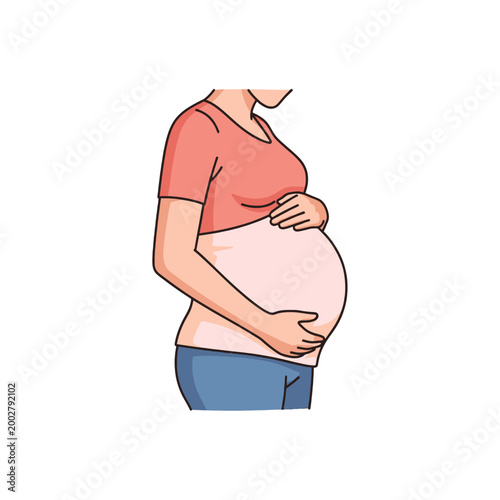 A side view illustration of a pregnant woman holding her belly with both hands