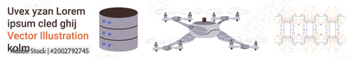 Data storage, quadcopter delivery, automation, technology, innovation, electronics. Database server, multi-rotor Quadcopter and electronic circuits. Data storage and drone delivery concept