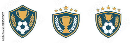 Soccer shield emblem premium design featuring gold trophy stars and winner badge vector illustration for tournament branding and sport identity