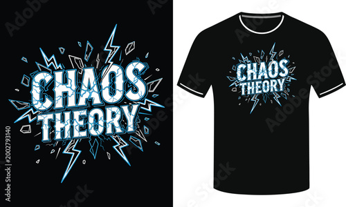 Chaos Theory text with lightning and shattered effect, t-shirt graphic design