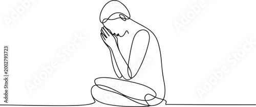 Minimalist Continuous Line Drawing of Sad Woman Sitting with Emotional Expression for Mental Health Awareness, Depression Concept, and Artistic Illustration Designs