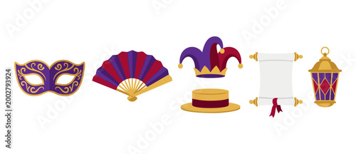 Mardi Gras Carnival Celebration Elements Icon Set with Masquerade Mask, Jester Hat, Hand Fan, Paper Scroll and Decorative Lantern for Festive Holiday Party Invitations and Graphic Design Decorations