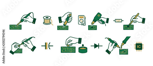 Electronics Soldering Icons Set, PCB Repair Components and Tools, Circuit Board Assembly Manual Tasks, Technician Technical Maintenance Equipment Vector Graphics, Professional Electronic Engineering I