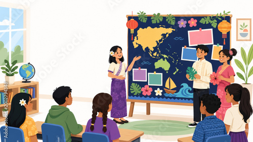 Vibrant vector illustration celebrating Asian and Pacific Islander Heritage Month with intricate traditional patterns and symbolic cultural elements.