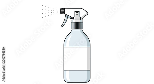 Cleaning spray bottle illustration shows liquid being dispersed as a fine mist from a plastic nozzle for household sanitization.