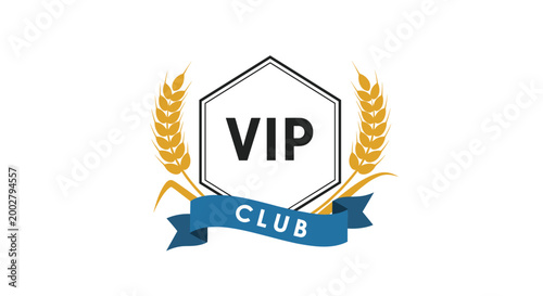 Luxurious VIP club emblem designed with a hexagonal shield flanked by golden wheat stalks and a blue decorative banner for status.