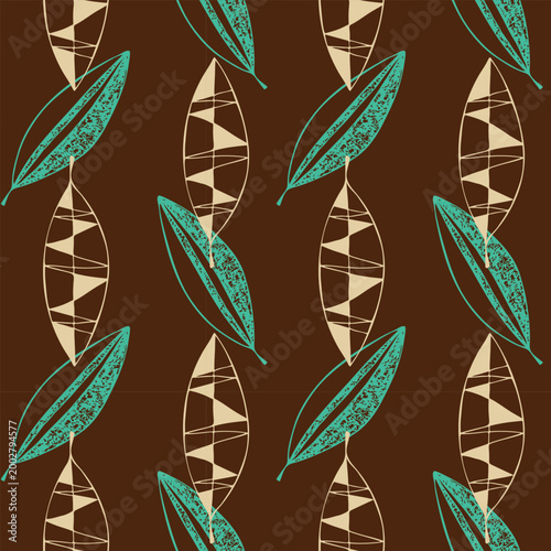 pattern with stylized cocoa leaves on chocolate brown background for organic chocolate packaging, premium coffee branding, and gourmet food wrap