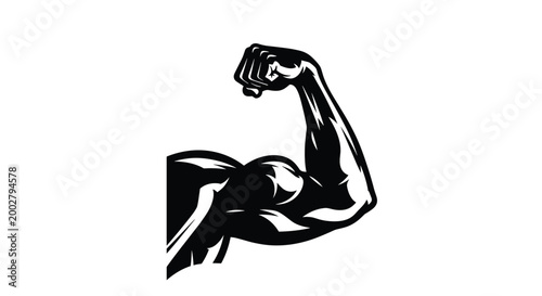 Strong human arm with tensed bicep muscles is shown as a black and white silhouette symbolizing strength, fitness, and power.