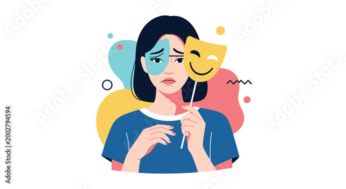 Mental health awareness illustration shows a sad young woman hiding her true feelings behind a smiling yellow theater mask in public.