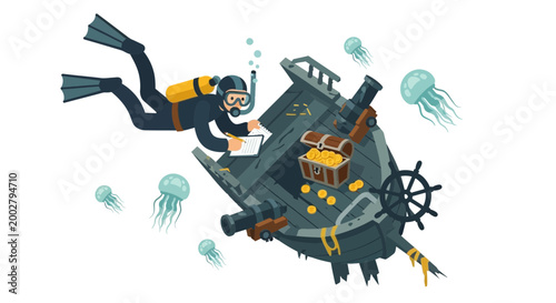 scuba diver exploring sunken treasure ship with jellyfish