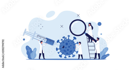 Team of medical researchers in lab coats uses a large syringe and magnifying glass to study and combat a virus molecule.