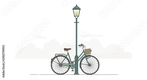 Green bicycle with basket parked beside street lamp