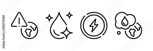 Eco and sustainability icons set, renewable energy elements, wind turbine, solar panel, clean power production, energy saving and green technology symbols, environmental concept.