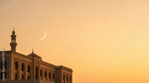Cuadro en lienzo Minimalist Mosque Silhouette with Crescent Moon at Golden Sunset