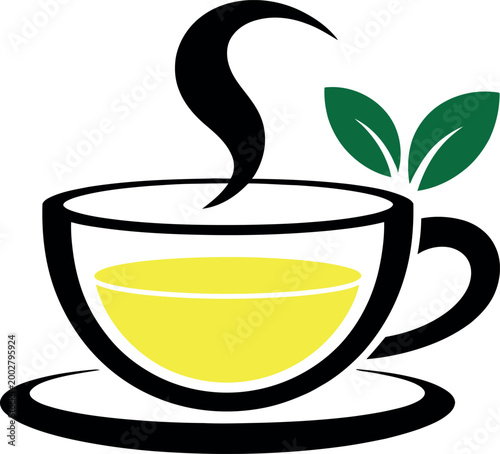 Illustrated cup of tea with steam and tea leaves icon