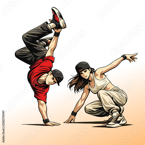 082-03-Urban b-boy and b-girl dancers performing synchronized breakdance moves