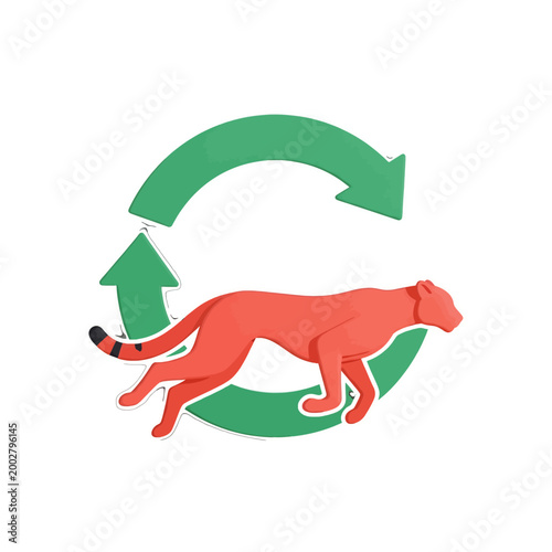 A red wild cat running in front of a green circular recycling symbol icon