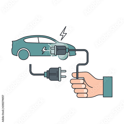 A hand holding an electric plug to charge a modern vehicle battery