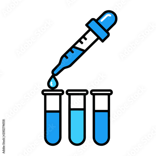 A blue dropper dispensing liquid into three glass test tubes in a laboratory setting