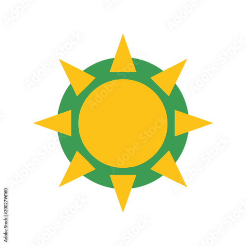 A simple yellow sun icon with green circular background on a white backdrop