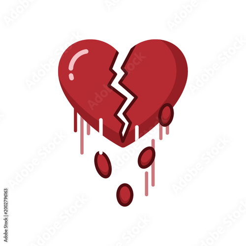 A stylized illustration of a broken red heart dripping with liquid drops