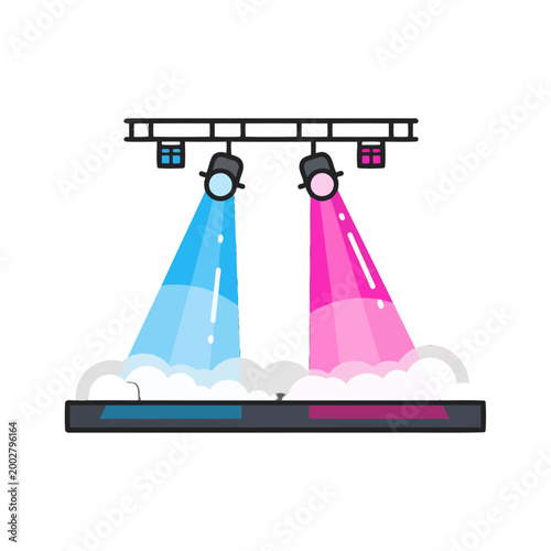 A colorful stage lighting setup with bright beams shining down on a dark floor