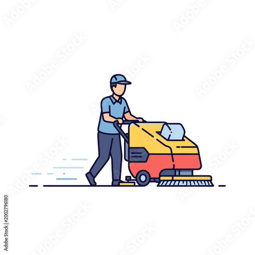 A professional worker operating a floor cleaning machine in a clean workspace
