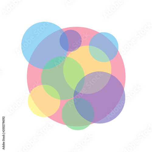 Abstract composition featuring overlapping colorful circles on a white background