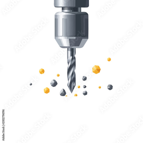 A metal drill bit creates small debris while boring into a hard surface