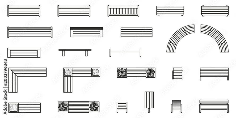 Naklejka premium Top view floor plans. Outdoor garden furniture elements for landscape design. Architectural landscape design top view floor plans and exterior area layouts.