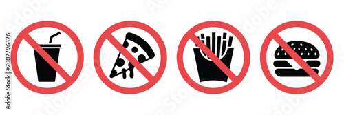 Food and drink not allowed ban icon set vector with prohibited sign, no junk food, soda, pizza, burger, and fries restriction symbol illustration