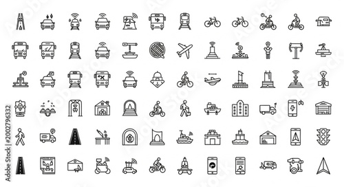 Collection of Hand Drawn Transportation Icons and Symbols.