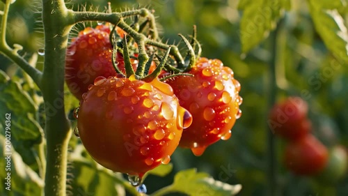 Fresh tomatoes on the vine glistening with water droplets in a sunny green garden setting