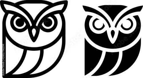 Black and white stylized owl vector icons facing opposite directions