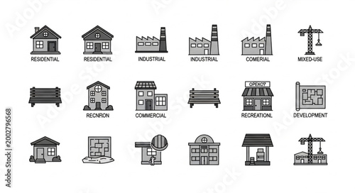 Collection of Simple Building Icons Representing Various Structures.
