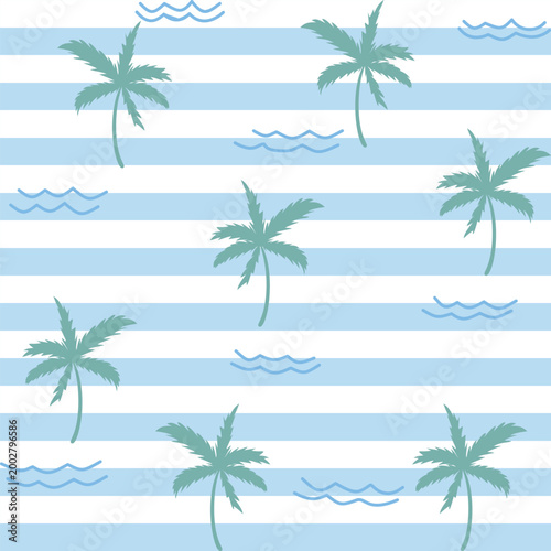 Seamless tropical pattern with palm trees, blue stripes and ocean waves. Perfect for summer fabric, wallpaper, textile, and beach-themed designs.