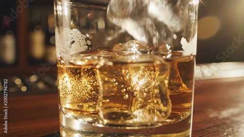A glass of whiskey with ice cubes on a wooden bar, surrounded by a warm, blurred background ambiance