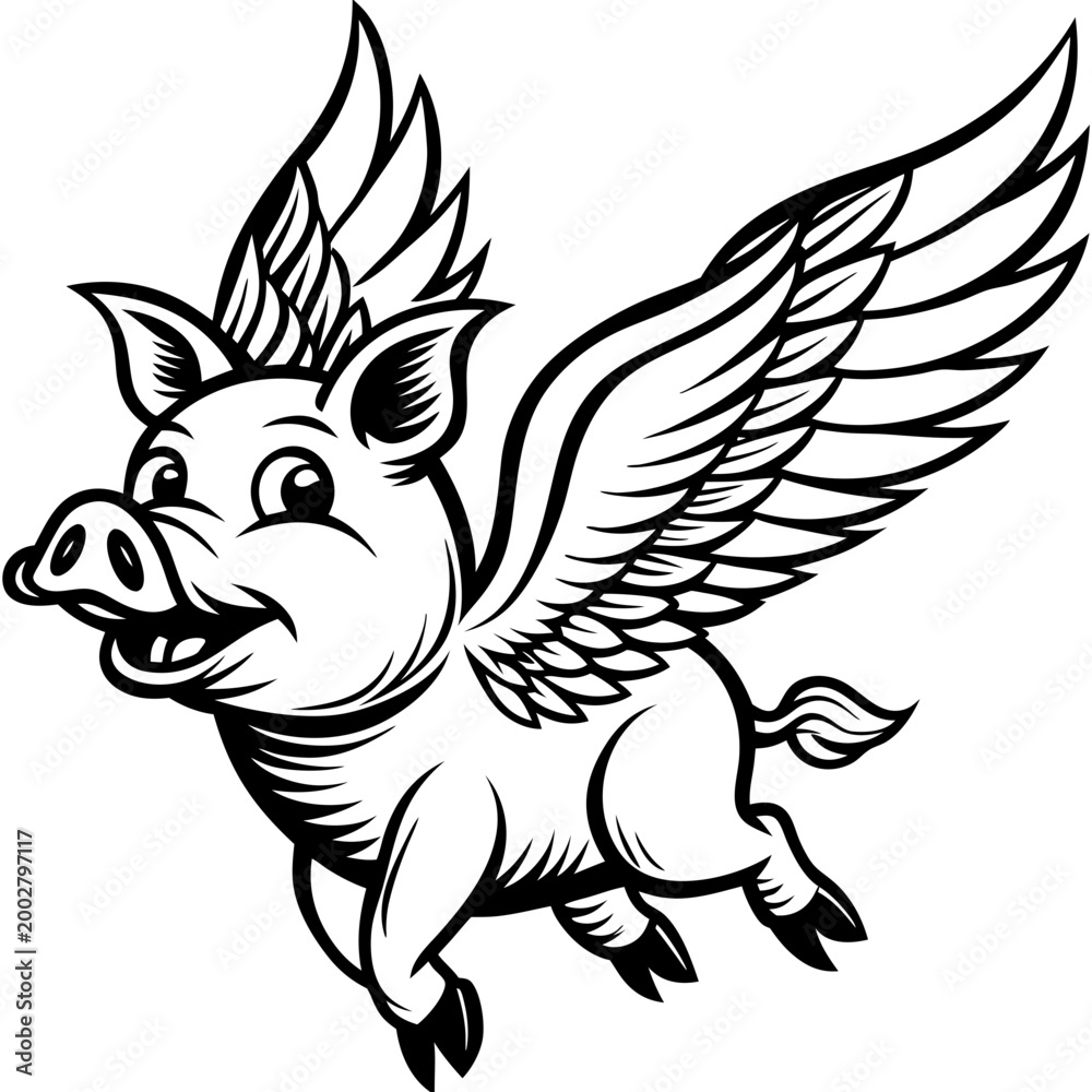 Obraz premium A whimsical vector illustration of a pig with wings and a spiky mohawk flying dynamically in a playful and imaginative style